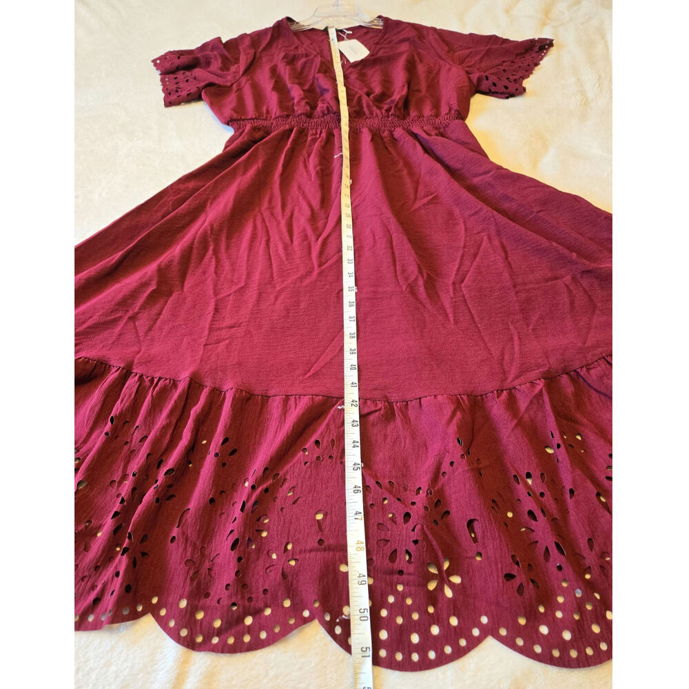 Sz 22/24 BLOOMCHIC Maroon Laser-Cut Eyelet Surplice Ruffle Hem Short-Slv Dress - Picture 6 of 8